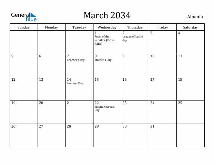 March 2034 Calendar Albania