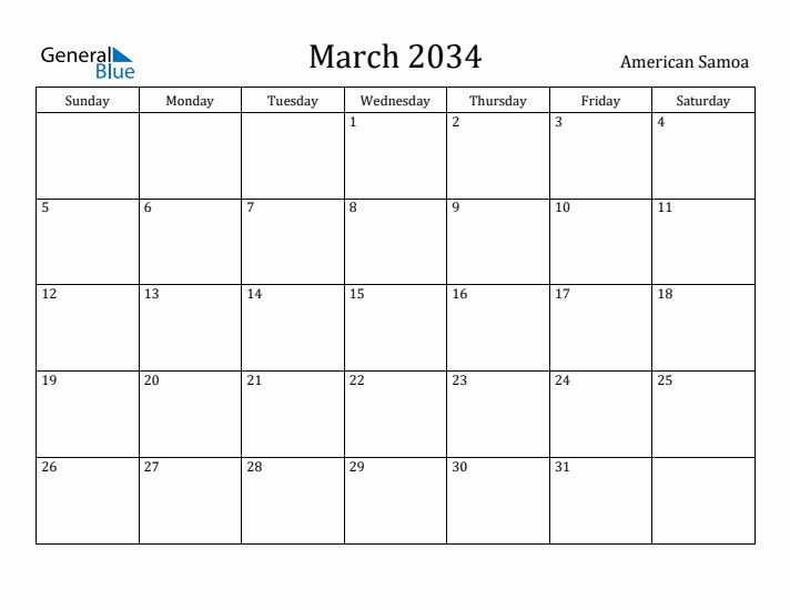 March 2034 Calendar American Samoa