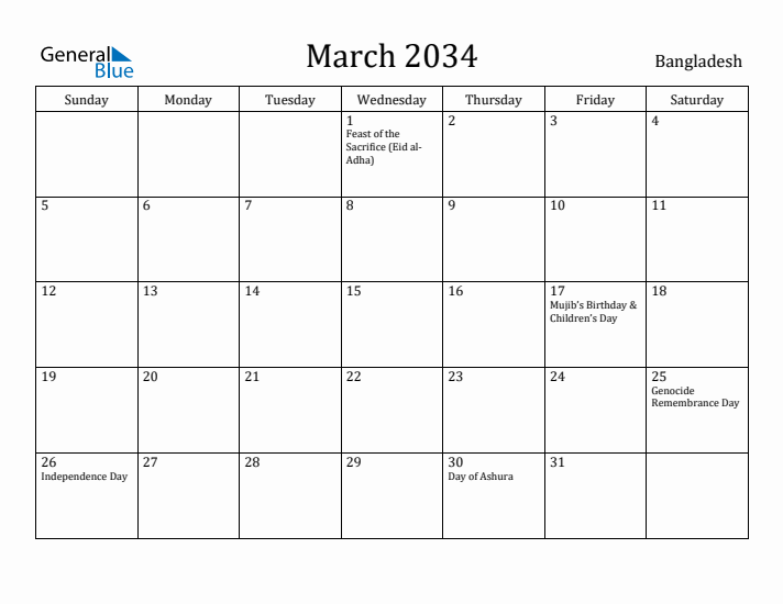 March 2034 Calendar Bangladesh