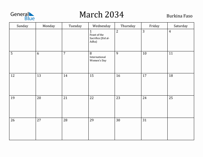March 2034 Calendar Burkina Faso