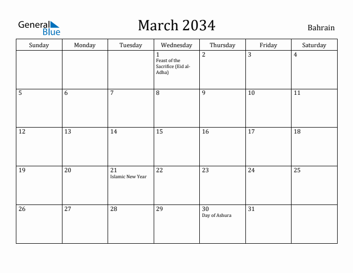 March 2034 Calendar Bahrain
