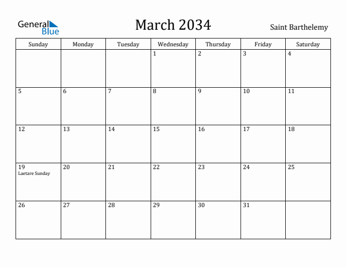 March 2034 Calendar Saint Barthelemy