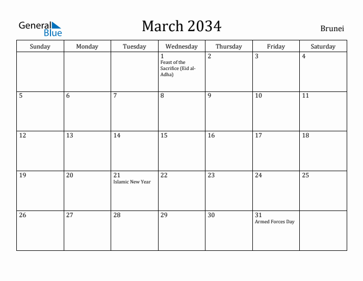 March 2034 Calendar Brunei