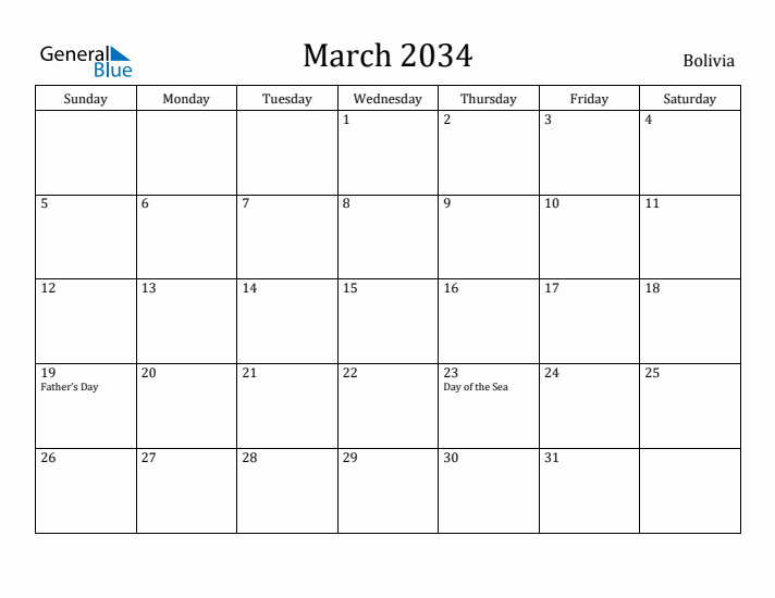 March 2034 Calendar Bolivia