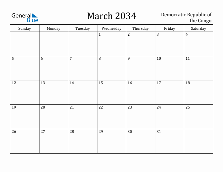 March 2034 Calendar Democratic Republic of the Congo