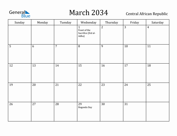 March 2034 Calendar Central African Republic