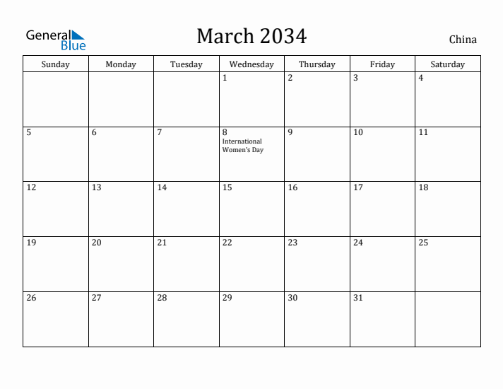 March 2034 Calendar China