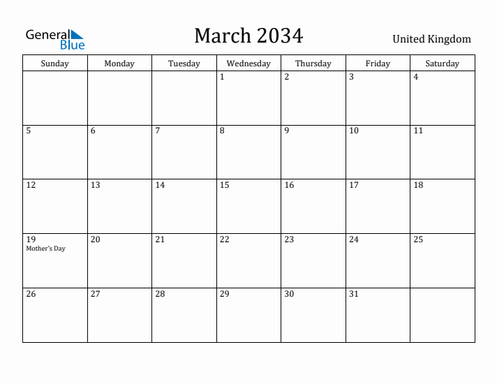 March 2034 Calendar United Kingdom