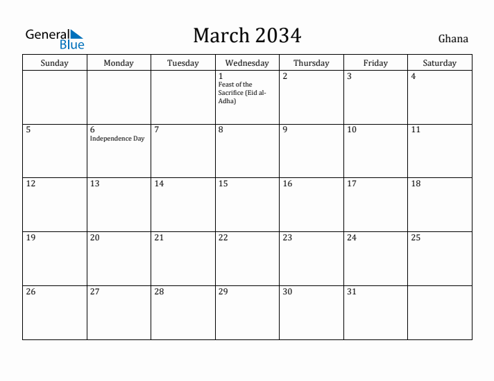 March 2034 Calendar Ghana