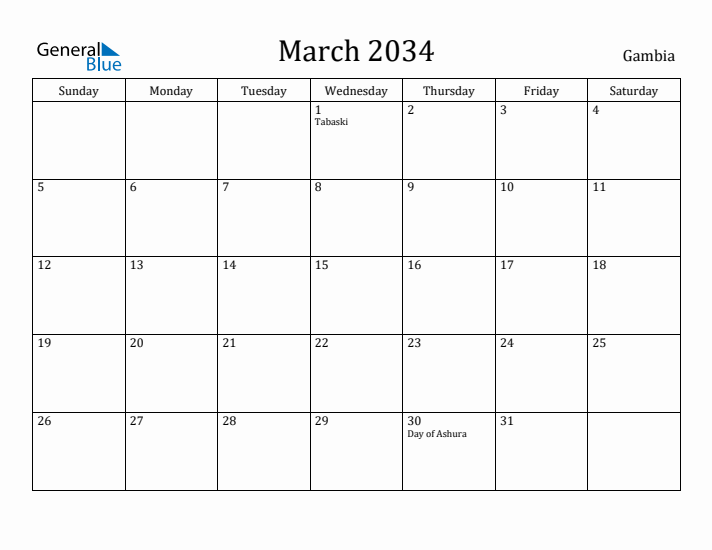 March 2034 Calendar Gambia