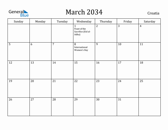 March 2034 Calendar Croatia