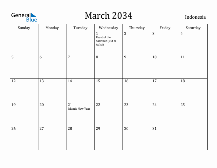 March 2034 Calendar Indonesia