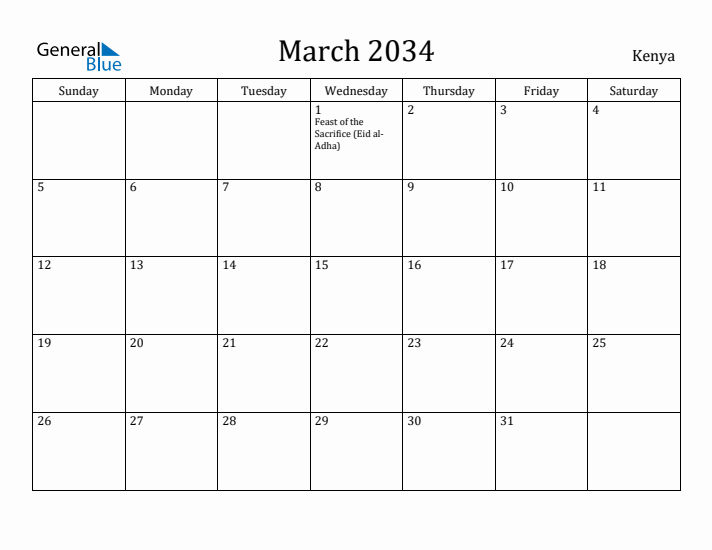 March 2034 Calendar Kenya