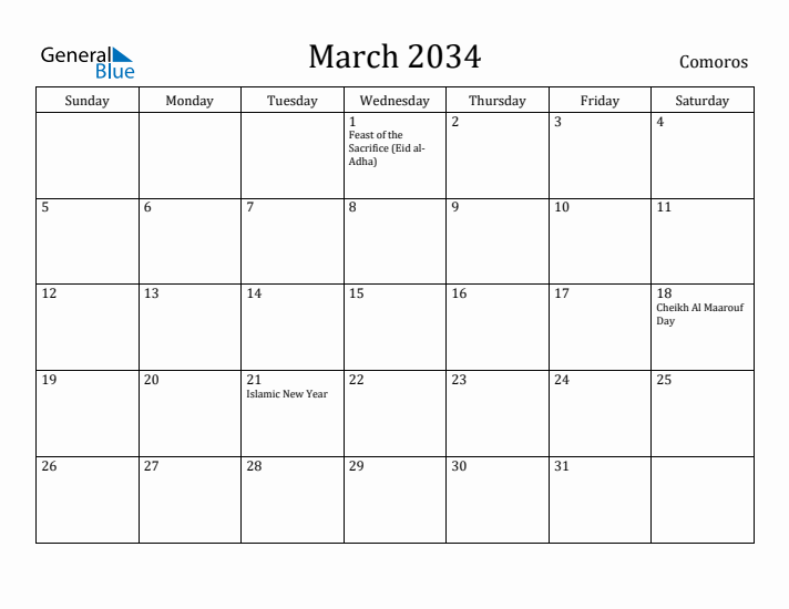 March 2034 Calendar Comoros