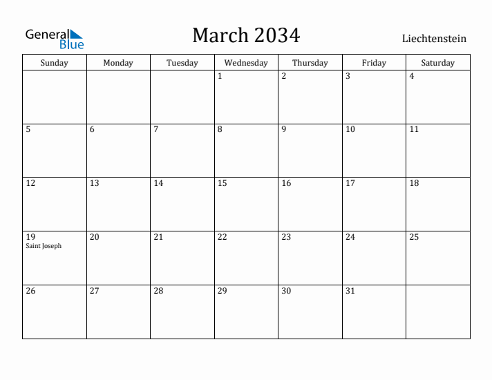 March 2034 Calendar Liechtenstein