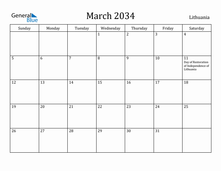 March 2034 Calendar Lithuania