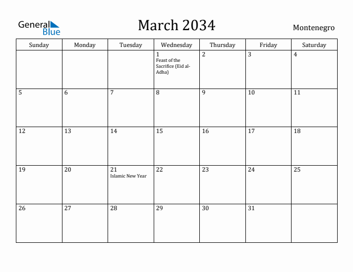 March 2034 Calendar Montenegro