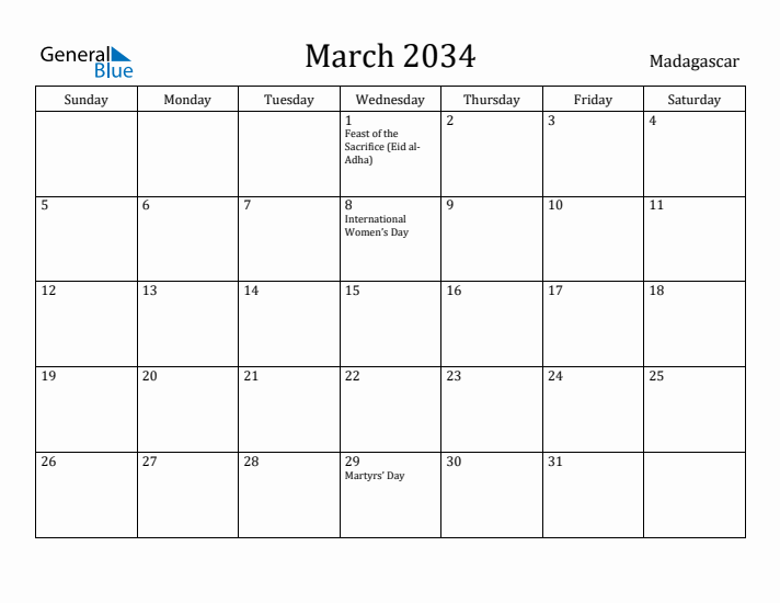 March 2034 Calendar Madagascar