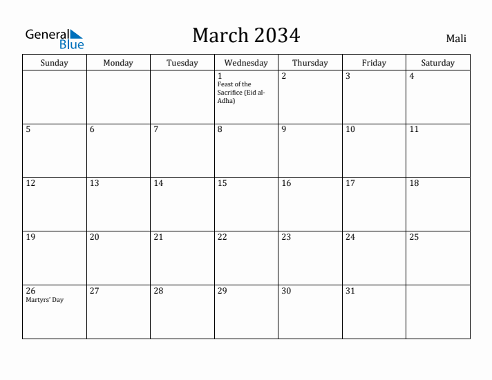 March 2034 Calendar Mali