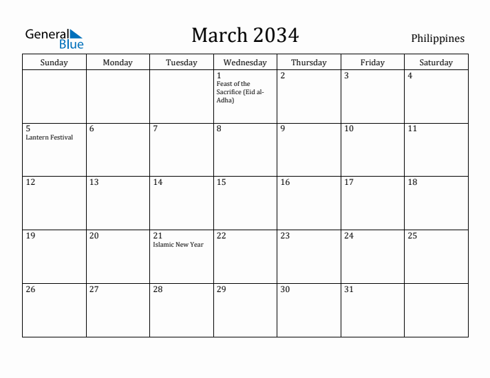 March 2034 Calendar Philippines