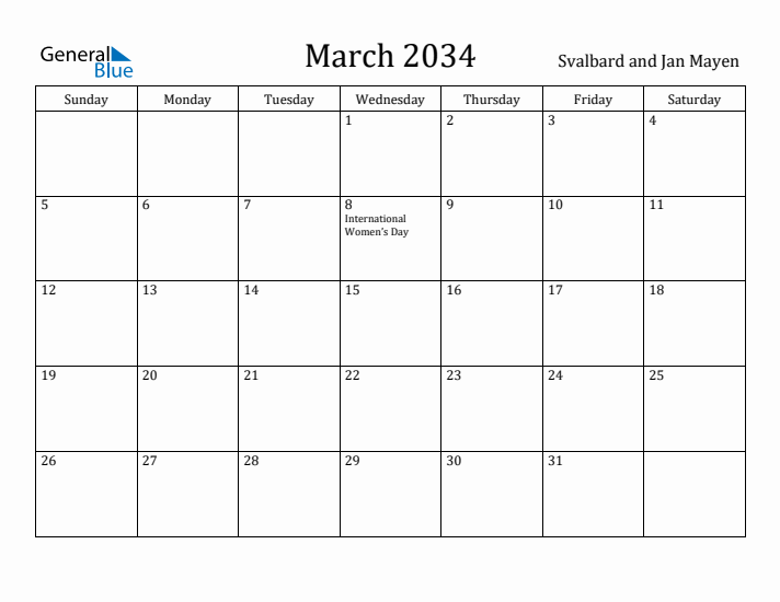 March 2034 Calendar Svalbard and Jan Mayen