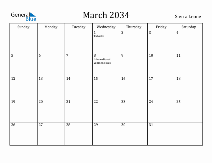 March 2034 Calendar Sierra Leone