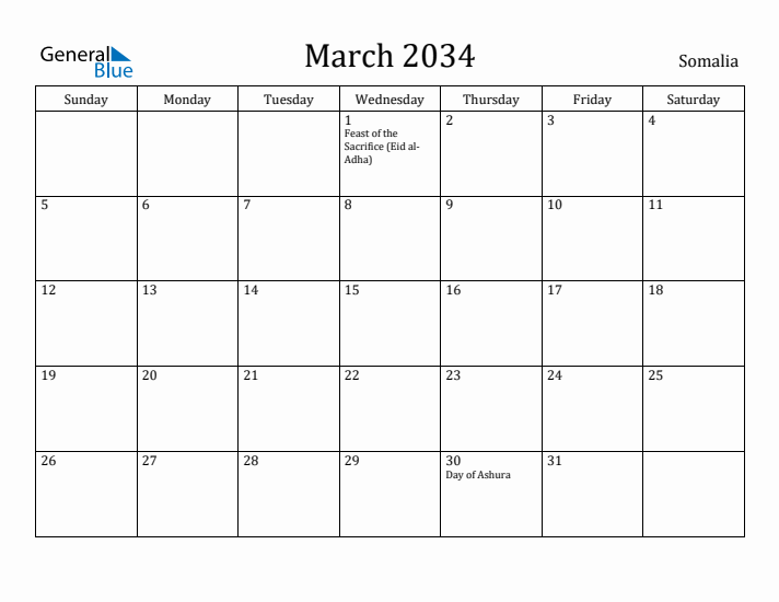 March 2034 Calendar Somalia