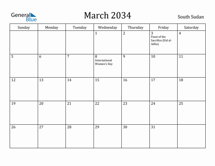 March 2034 Calendar South Sudan