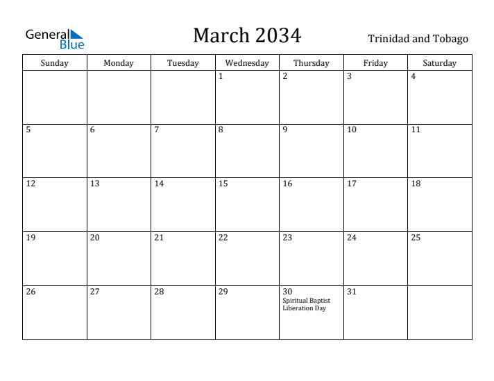 March 2034 Calendar Trinidad and Tobago