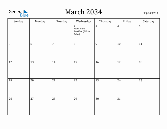 March 2034 Calendar Tanzania