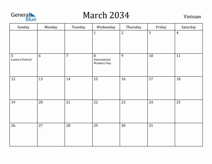 March 2034 Calendar Vietnam