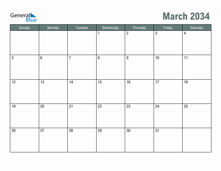 Free Printable March 2034 Calendar