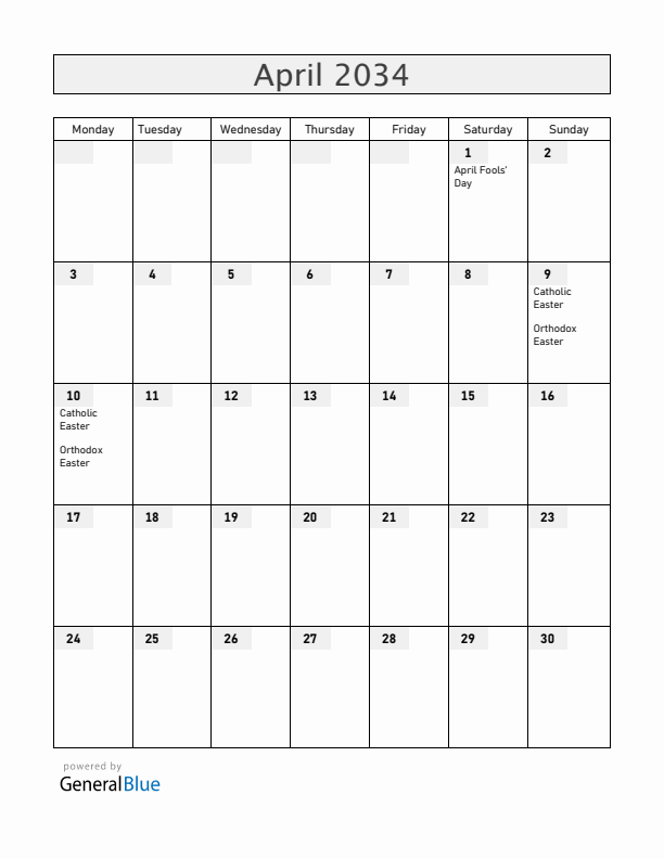 Albania April 2034 Calendar with Holidays