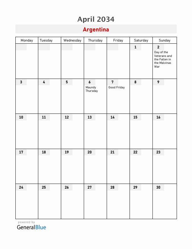 Argentina April 2034 Calendar with Holidays