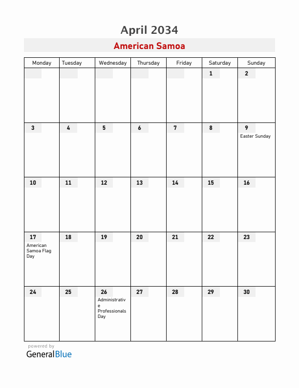 American Samoa April 2034 Calendar with Holidays