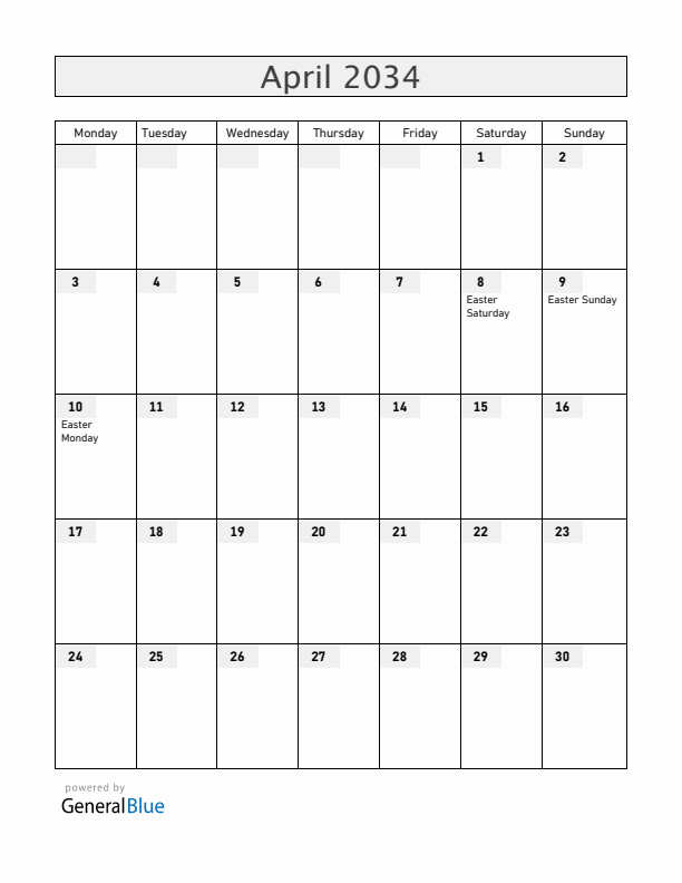 Austria April 2034 Calendar with Holidays