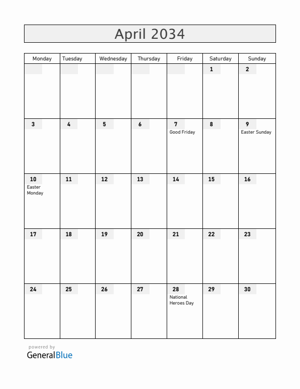 Barbados April 2034 Calendar with Holidays