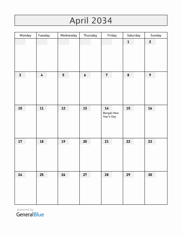 Bangladesh April 2034 Calendar with Holidays