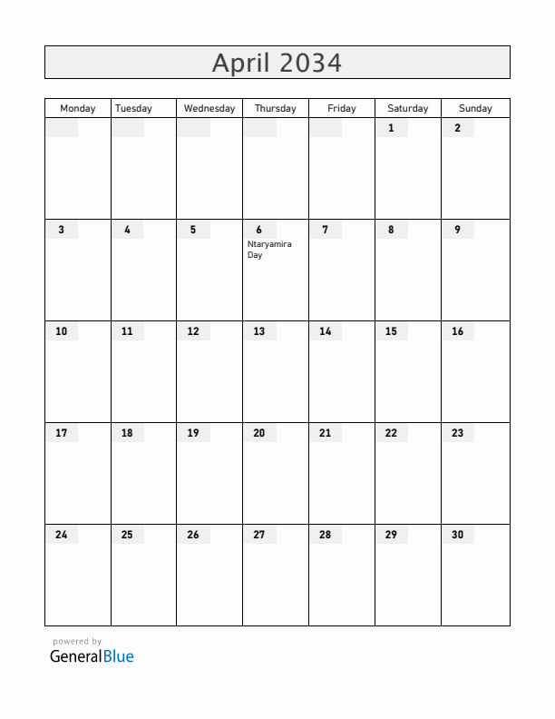 Burundi April 2034 Calendar with Holidays