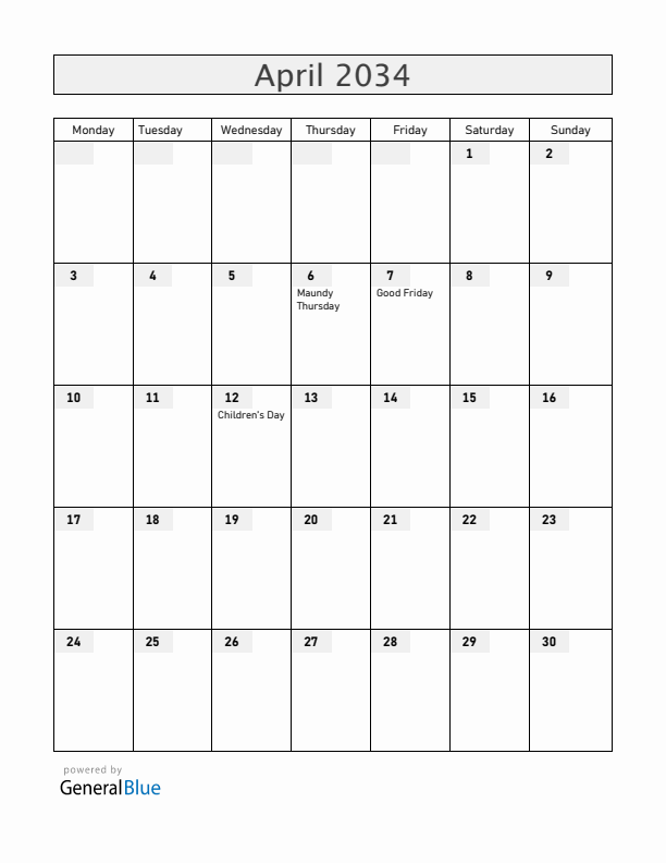 Bolivia April 2034 Calendar with Holidays