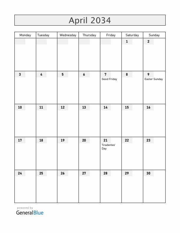 Brazil April 2034 Calendar with Holidays