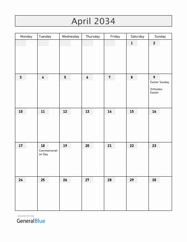 Belarus April 2034 Calendar with Holidays