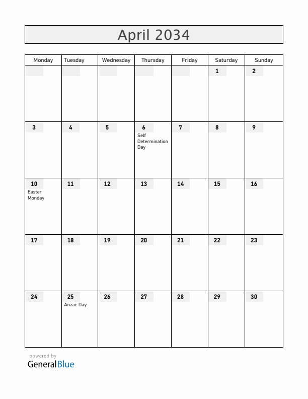 Cocos Islands April 2034 Calendar with Holidays