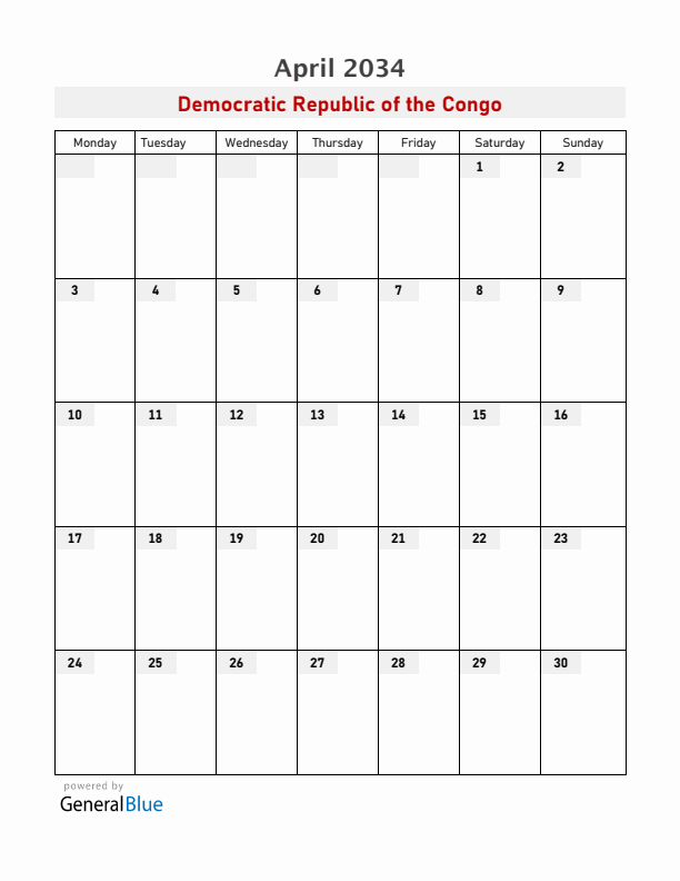 Democratic Republic of the Congo April 2034 Calendar with Holidays