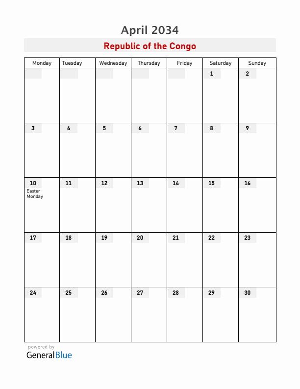 Republic of the Congo April 2034 Calendar with Holidays