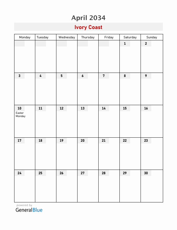 Ivory Coast April 2034 Calendar with Holidays