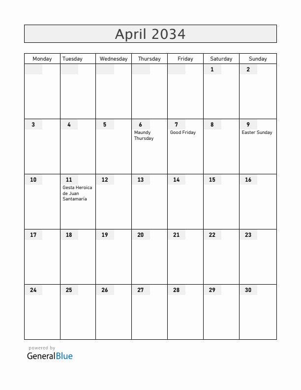 Costa Rica April 2034 Calendar with Holidays