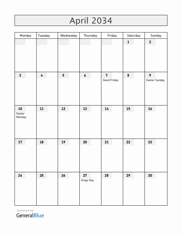 Curacao April 2034 Calendar with Holidays