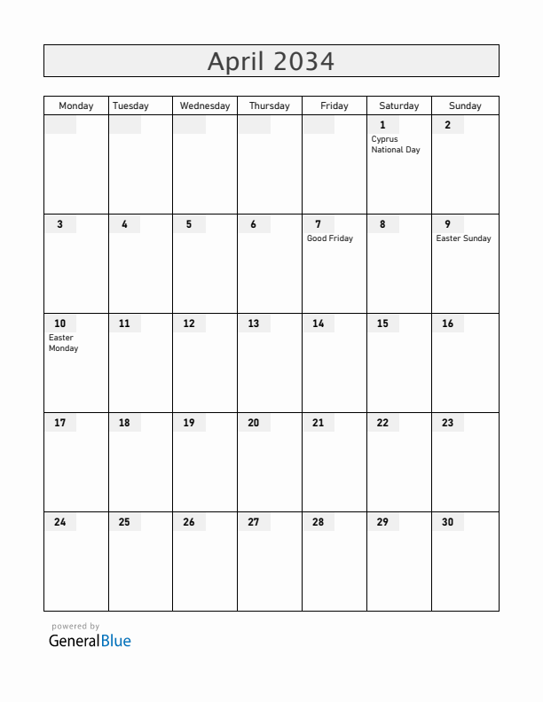 Cyprus April 2034 Calendar with Holidays