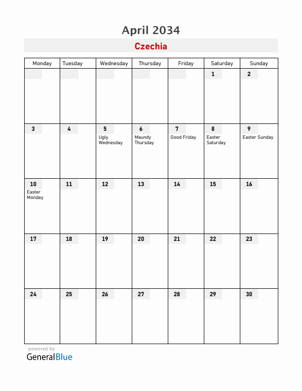 Czechia April 2034 Calendar with Holidays